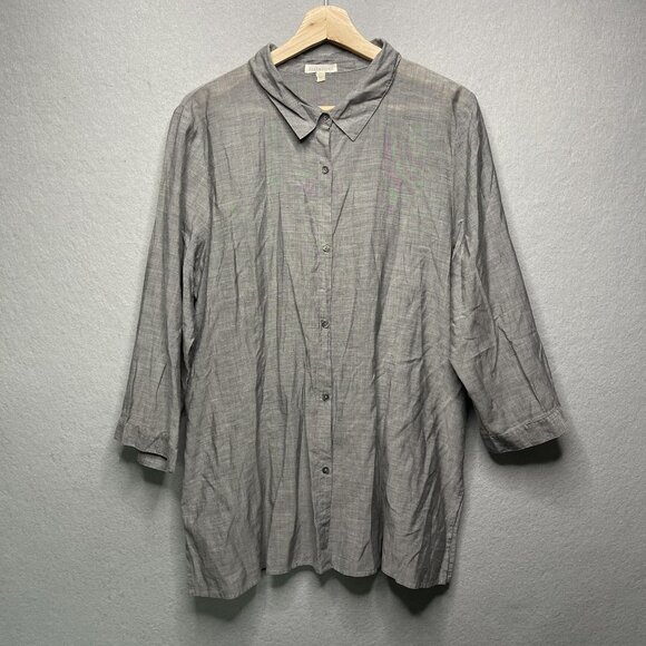 Eileen Fisher Top Women's XL Grey Button Up Shirt Minimalist Peasant - Picture 1 of 5